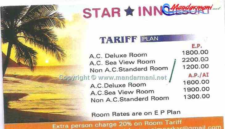 Star Inn Resort - Room - Tariff - Mandarmani